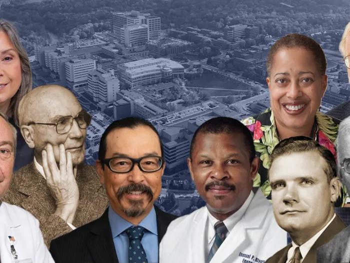 Collage of faces of alumni of the University of Michigan Medical School set against a background of the medical campus
