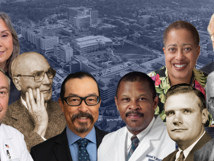 Collage of faces of alumni of the University of Michigan Medical School set against a background of the medical campus