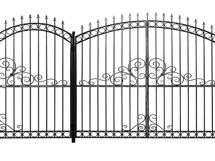 Wrought iron gate with decorative swirls in the middle.