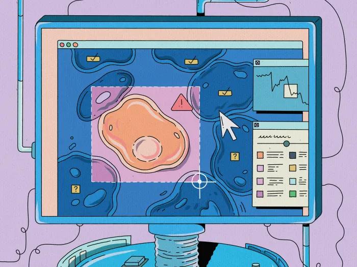 Colorful illustration of computer lab with giant computer screen. There are people wearing lab coats operating a giant machine.