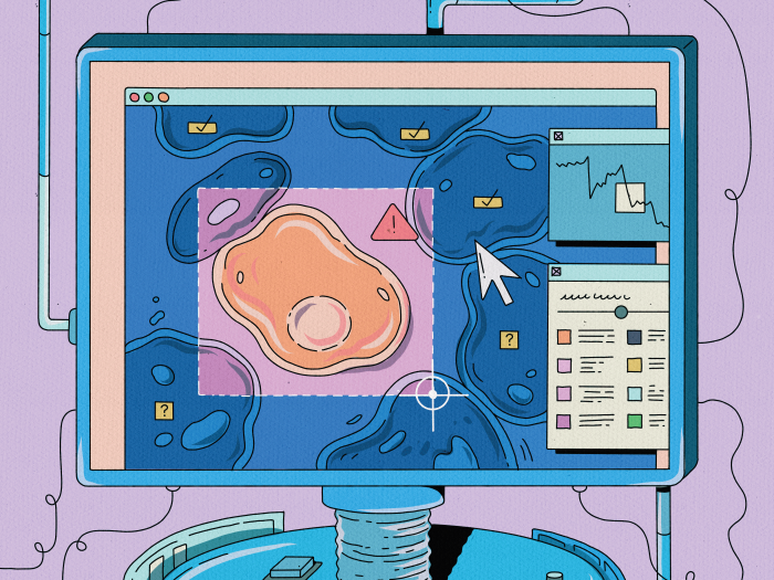 Colorful illustration of computer lab with giant computer screen. There are people wearing lab coats operating a giant machine.
