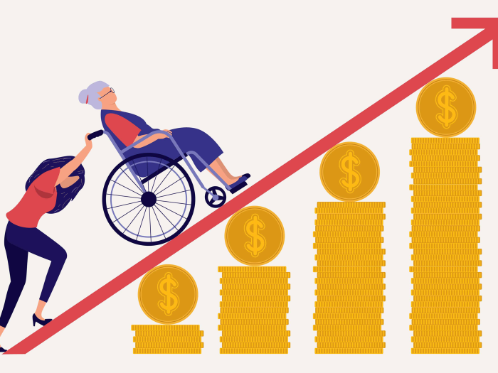 pushing wheelchair up a red arrow ontop of gold coins 