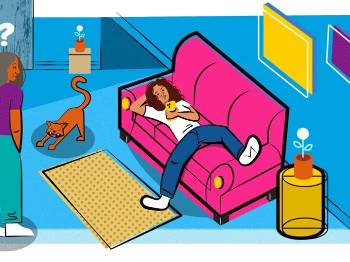teen on couch laying in a graphic with parent looking at them with a question mark above head and cat stretching 