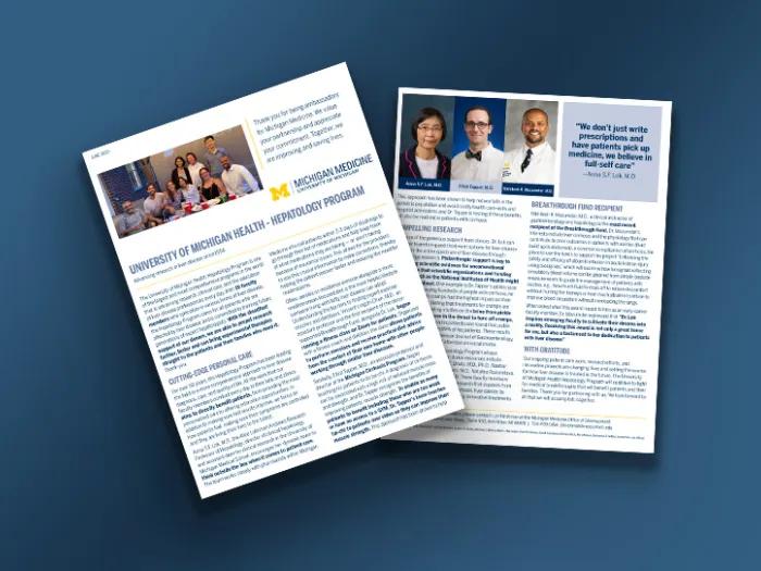 Two pages of the Hepatology impact report on a blue background.