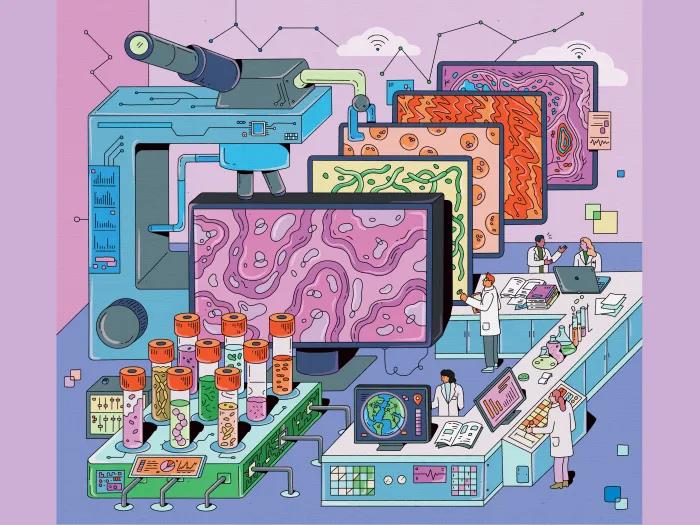 Colorful illustration of computer lab with giant five giant screens showing different pathogens. In the front left there's a collection of giant test tubes filled with various specimen. People wearing lab coats are working at desks on the right side.