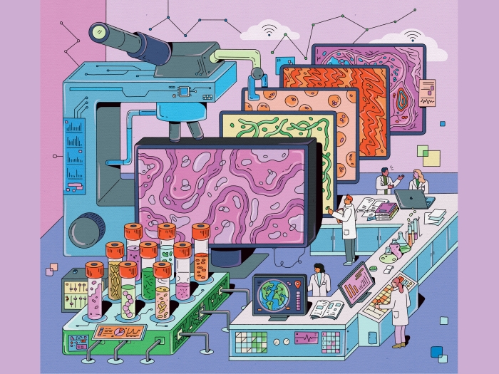 Colorful illustration of computer lab with giant five giant screens showing different pathogens. In the front left there's a collection of giant test tubes filled with various specimen. People wearing lab coats are working at desks on the right side.