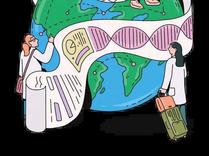 Illustration of a globe with a long paper wrapped around it. There are graphs, charts and a DNA sequence on the paper. One person wearing a white coat is sitting on top of the globe reading the paper. Two people on the ground are looking the paper.