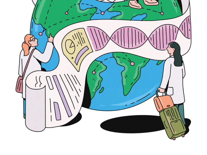 Illustration of a globe with a long paper wrapped around it. There are graphs, charts and a DNA sequence on the paper. One person wearing a white coat is sitting on top of the globe reading the paper. Two people on the ground are looking the paper.