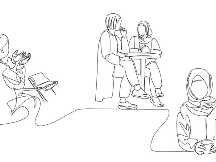 Three line drawings connected with a string along the bottom. The first shows a Muslim man praying. The second shows two women sitting at a table, one is wearing a hijab. The third is a woman wearing a hijab. She's holding a cup of coffee.