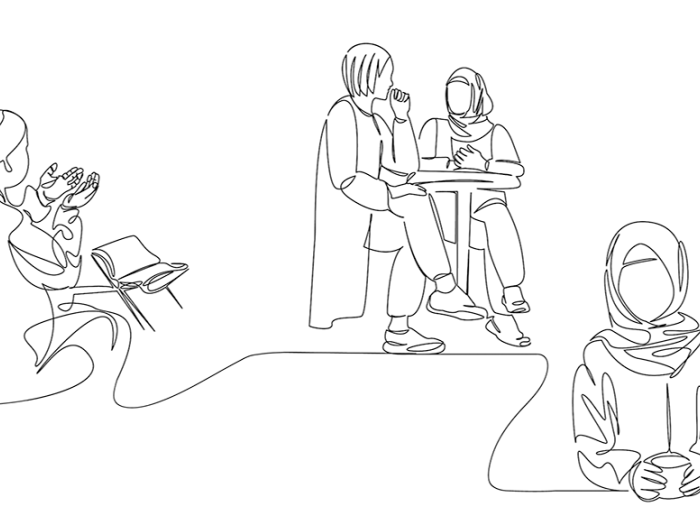 Three line drawings connected with a string along the bottom. The first shows a Muslim man praying. The second shows two women sitting at a table, one is wearing a hijab. The third is a woman wearing a hijab. She's holding a cup of coffee.