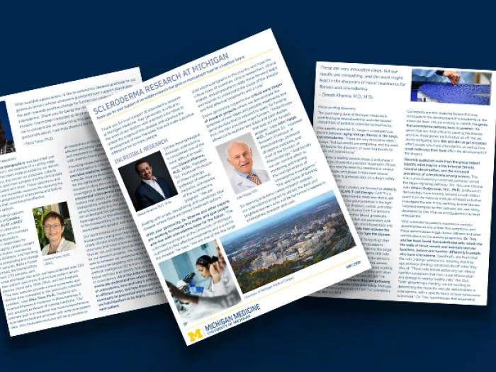 Three pages of the Scleroderma impact report on a blue background