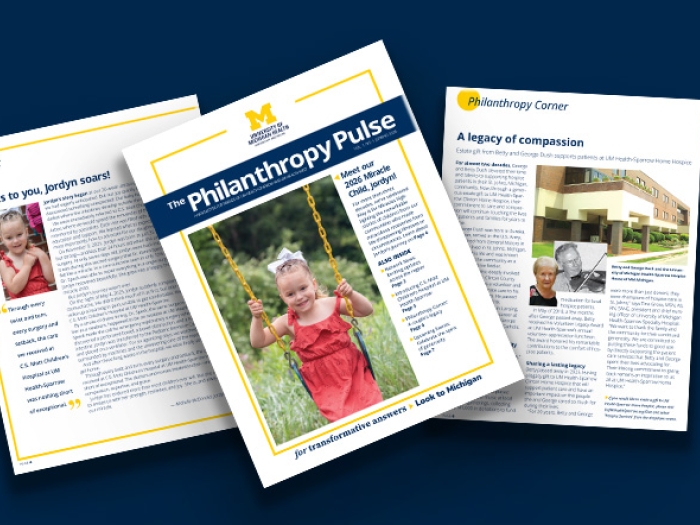 A spread of three pages of the Philanthropy Pulse newsletter on a blue background