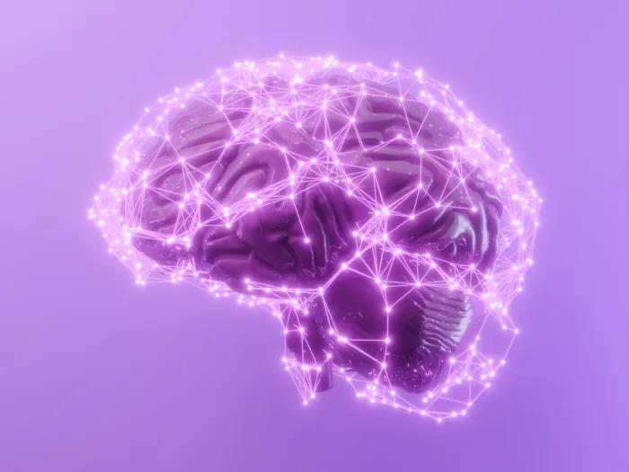 Computer generated image of a human brain with lighted up dots