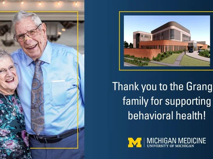 Portrait of Al and Janice Granger smiling and hugging with rendering of new behavioral health hospital and text thanking the family for a gift