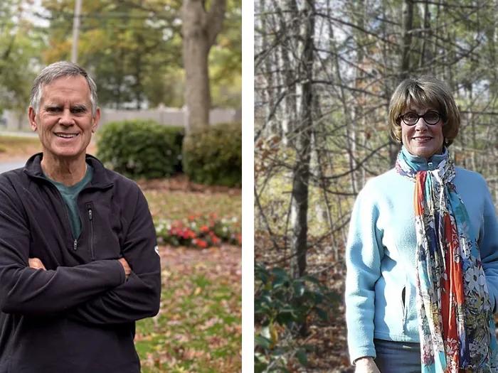 Portraits of Gary Jones and Mary-Sue Tuuri, both dressed for cool weather, standing outdoors in front of landscaping and trees. 