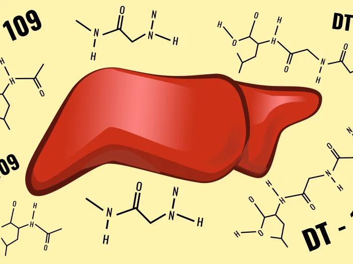 A stylized illustration of a human liver surrounded by several molecular structures labeled "DT-109" on a light yellow background. The liver is depicted in a reddish-brown color. The molecular structures include chemical bonds and letters, indicating a compound related to DT-109.