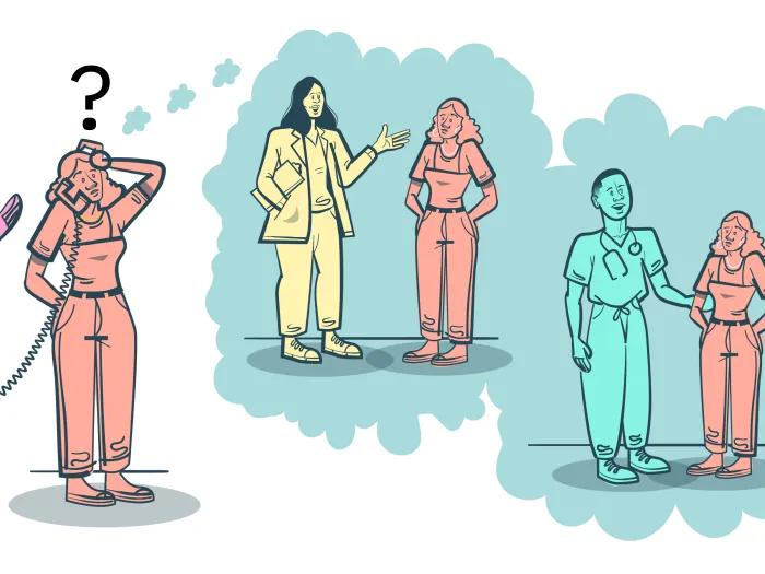 pink person talking to one orange person with question mark above their head confused and then a yellow person talking to the orange person and a teal person talking to the orange person