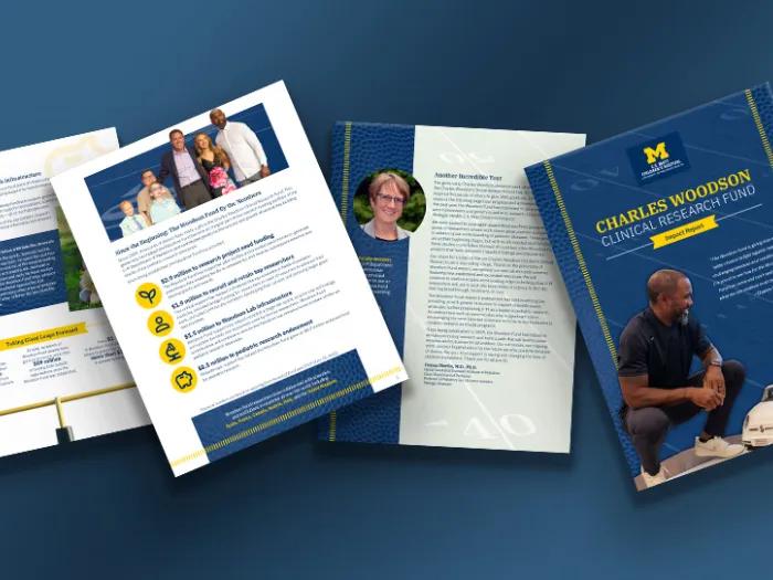 Cover and interior spreads of the Charles Woodson Clinical Research Fund impact report, featuring research highlights, donor stories, financial figures, and a cover photo of Charles Woodson with a young child.