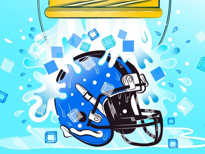 blue background bucket poured on helment