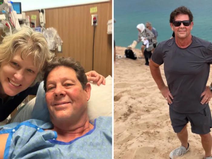 A man and woman post for a selfie while he is in a hospital bed and a gown. On the right, the same man stands on the beach in front of the water
