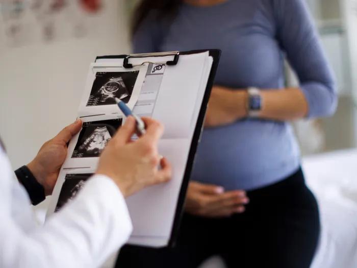 getty image with chart with pictures and woman with pregnant stomach sitting on white bed
