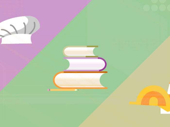 Medicarework image with chef hat, books and cone displayed