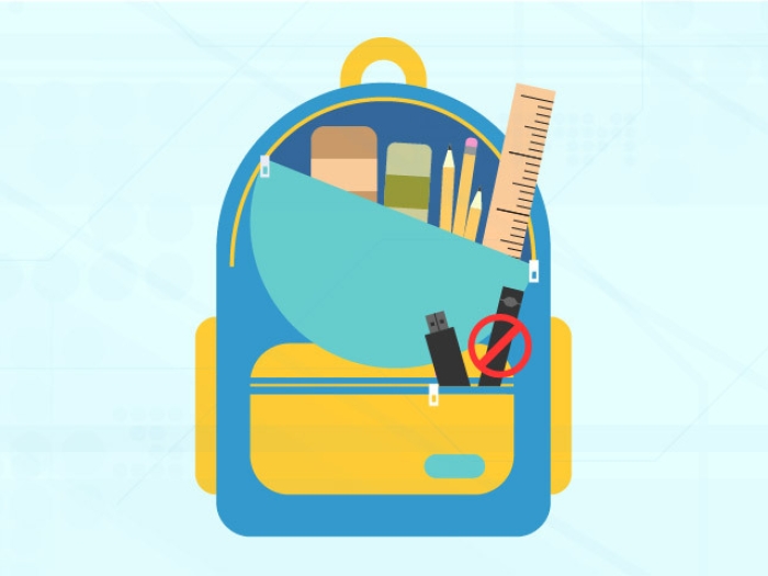 Light blue background with teal backpack and school supplies with vape inside