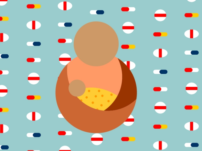Graphic of mother holding a swaddled baby with capsules as the background