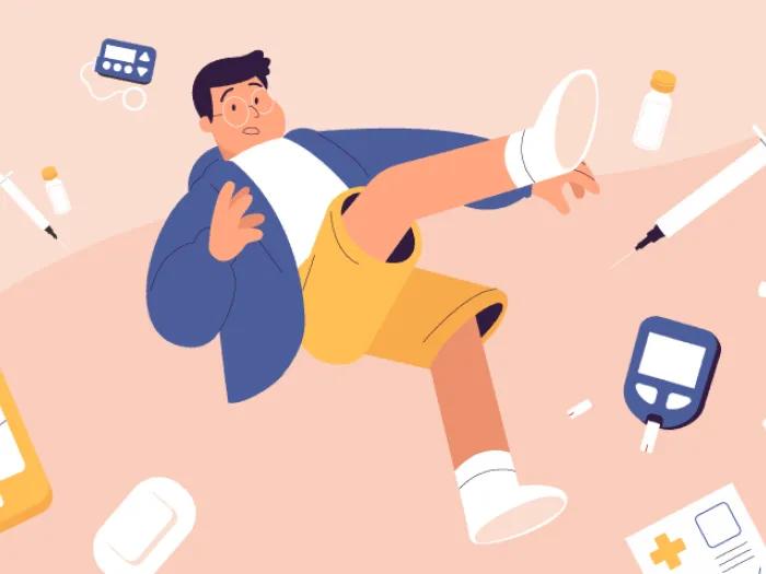 boy falling in air with pink background of glucometer and syringes