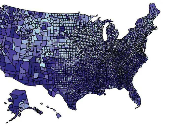 COVID map of cases by county in the USA in blue