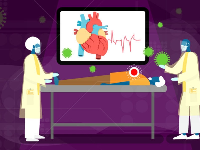 illustration of two people standing over patient with heart on monitor and green COVID germs floating around