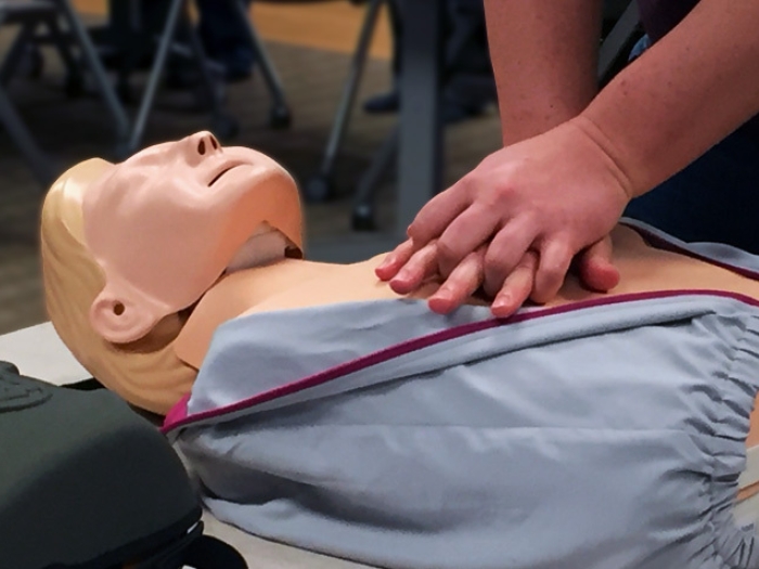 photo of hands on dummy mannequin chest indicating CPR