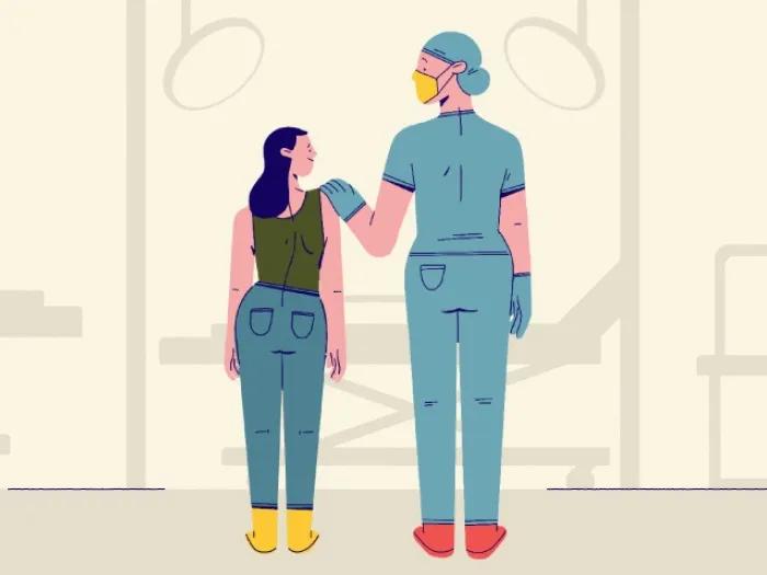 Child standing next to woman with hand on shoulder talking 