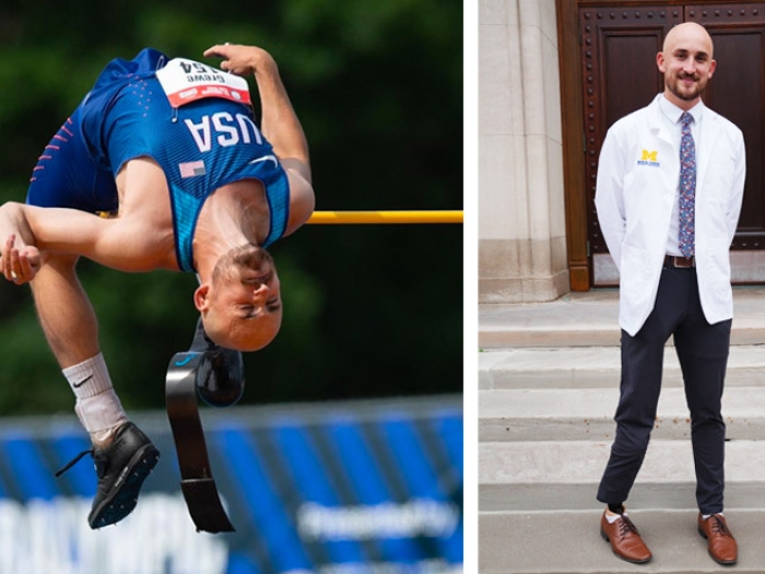 man jumping and bending over bar in olympic uniform and then on right in medical white coat posing