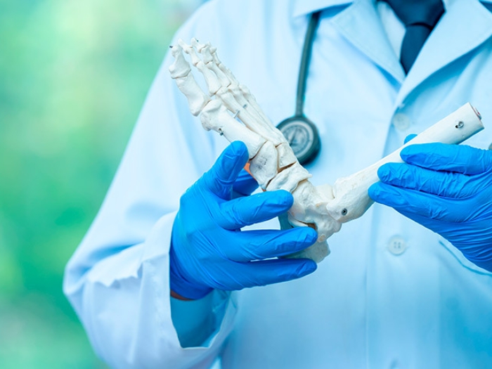 Doctor in White Coat with Foot Bones
