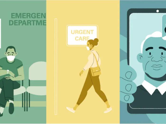 emergency room urgent care telemedicine graphic green yellow and teal