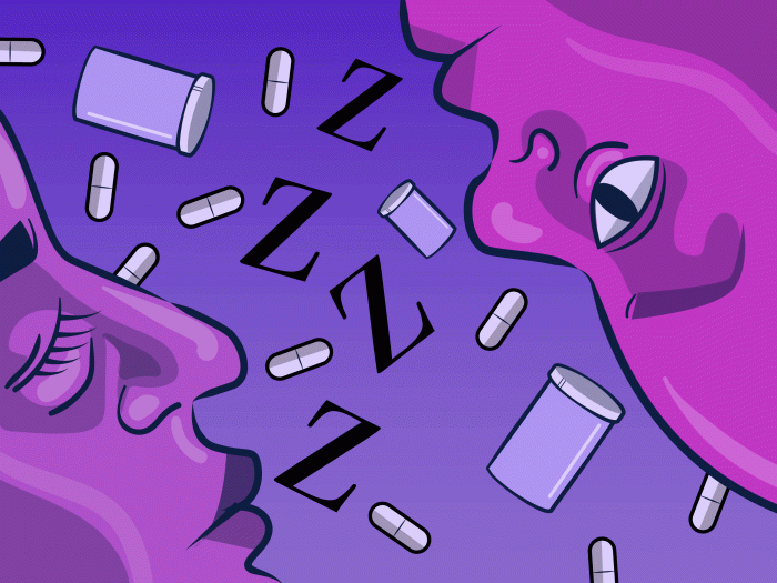 purple faces looking at eachother and Zs floating with pills and pill bottles