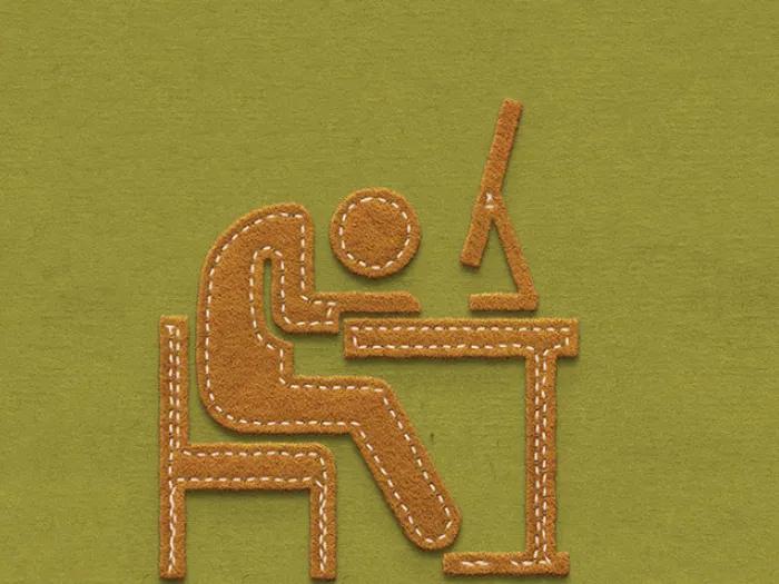felt person leaning down on desk tired muted yellow and green