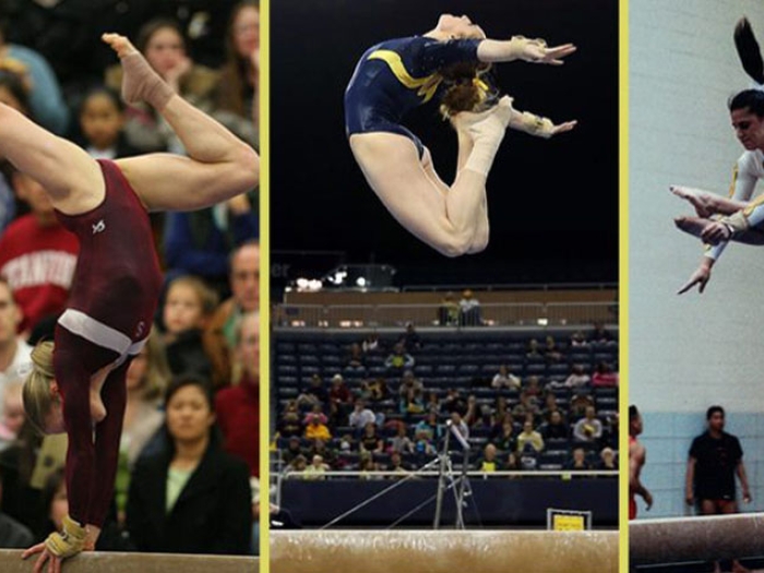 Gymnast performing at events in three photos