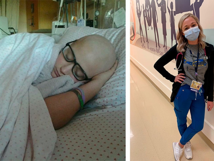 girl in hospital bed on left sad and on right standing proud as a nurse on hospital floor