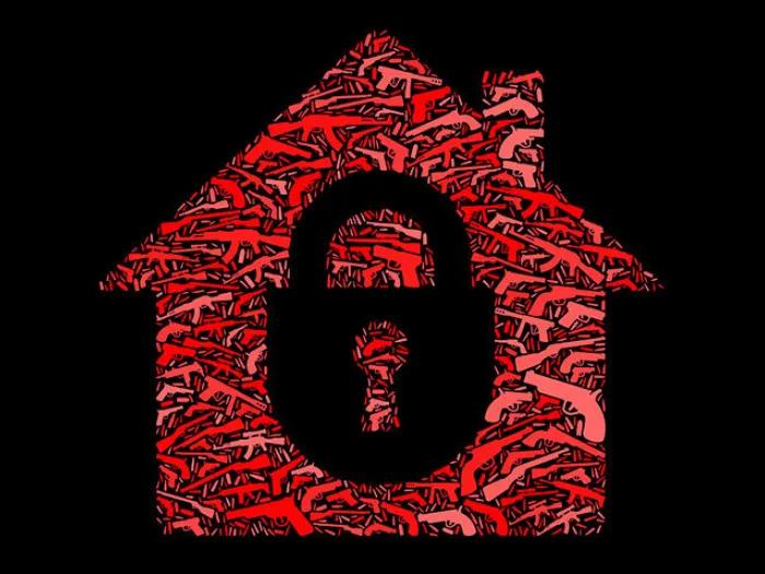 red house outline with gun lock outline