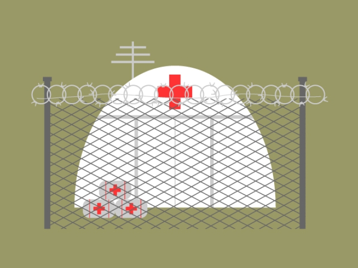 Graphhic of a white tent with a red cross within a fenced area.