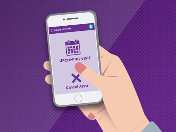 iphone in hand with purple background showing medical appointment reminder