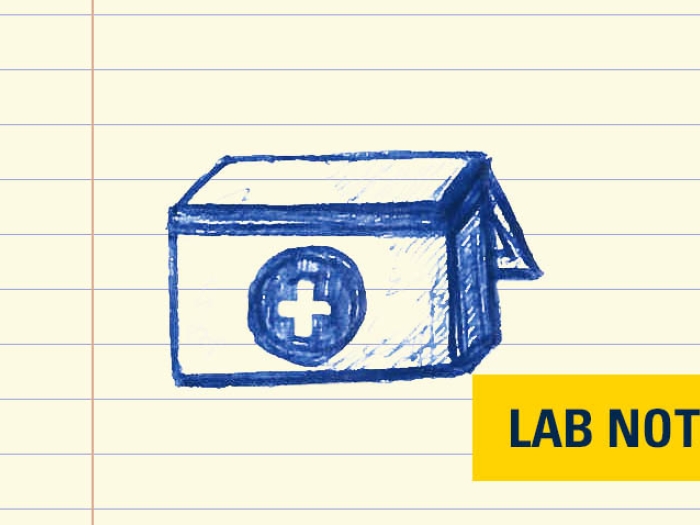 drawing in blue ink of organ carrier with yellow badge bottom right in blue text and yellow overlay