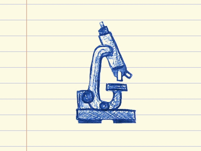 microscope drawn in blue ink on notepad paper