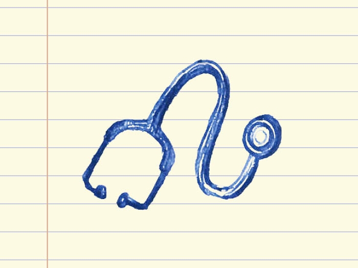 stethoscope drawing in blue ink on lined notepad paper