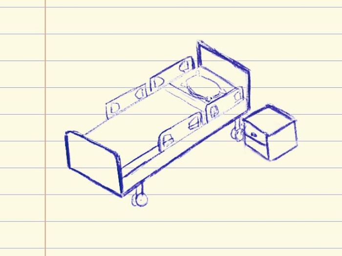 drawing of hospital bed on lined paper