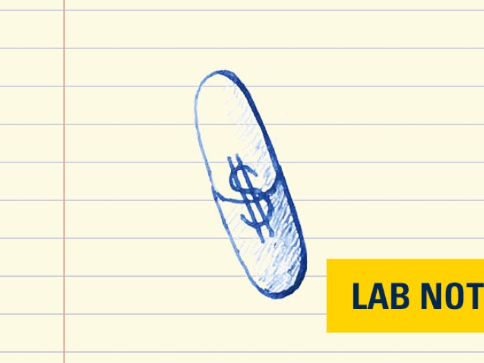 drawing in blue ink on notepad paper of pill with dollar sign in it with lab note wording in yellow and navy on bottom right