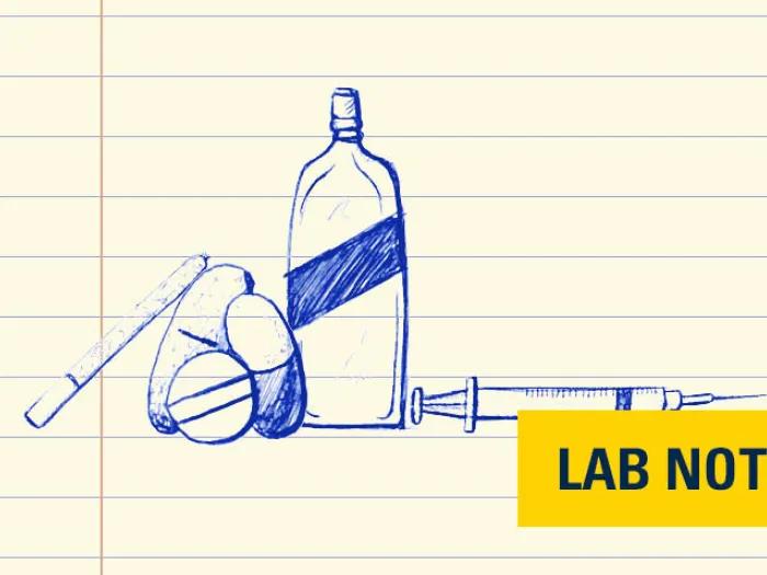 drawing in blue ink of drugs and syringes 