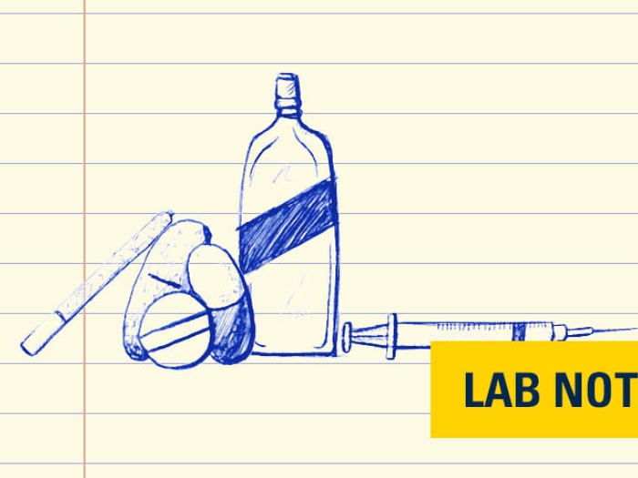 drawing in blue ink of drugs and syringes 
